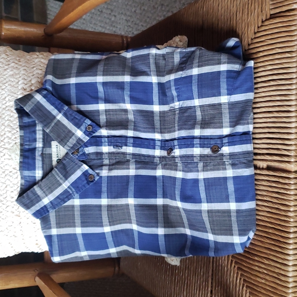 Haggar long sleeve dress shirt,  plaid, blue/gray/white, size XL